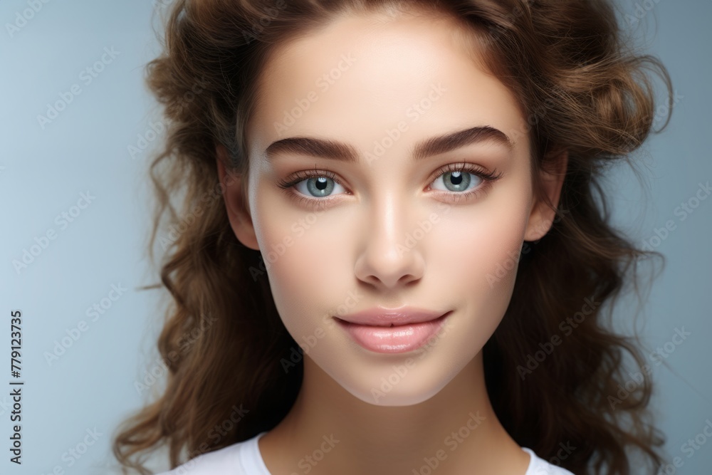 A young woman with voluminous curly hair against a solid blue backdrop A young woman with voluminous curly hair against a solid blue backdrop