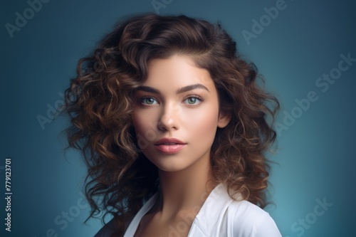 A young woman with voluminous curly hair against a solid blue backdrop