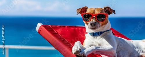 Dog with sunglasses lying on the lounger enjoying summer beach © thejokercze
