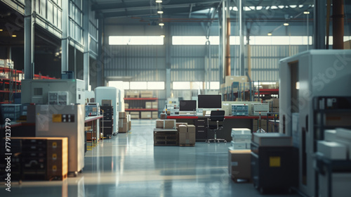 A bustling logistics technology firm with software developers' workstations and optimization tools, currently empty but ready to develop logistics management software