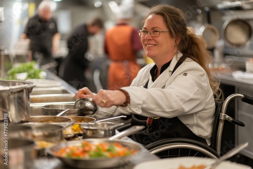 Chef smiling woman in a wheelchair cooks in the kitchen of a restaurant. Disabled person without the ability to move independently. Concept inclusivity at work, healthcare.