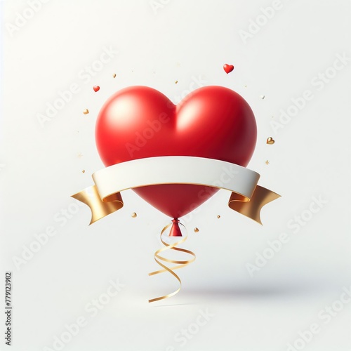 red heart shaped ballon with a ribbon on a white background