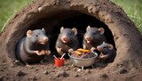 A Mole Family Having A Barbecue In Their Burrow
