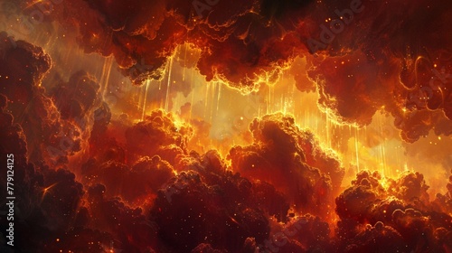 A cascade of liquid fire pouring forth from the heavens, painting the sky with fiery hues of red and gold, like a celestial inferno igniting the night. 8k