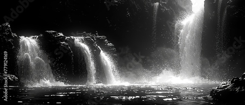 Fantastic view of the waterfall. Dramatic black and white scene
