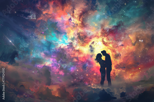 A couple is kissing in the sky, surrounded by colorful clouds