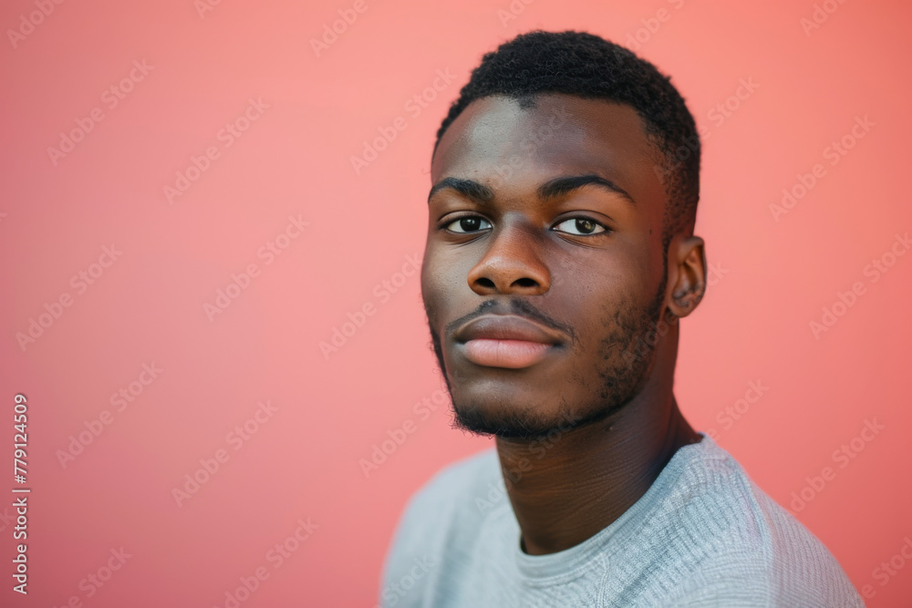 Obraz premium A close up of a man 's face with a pink background
