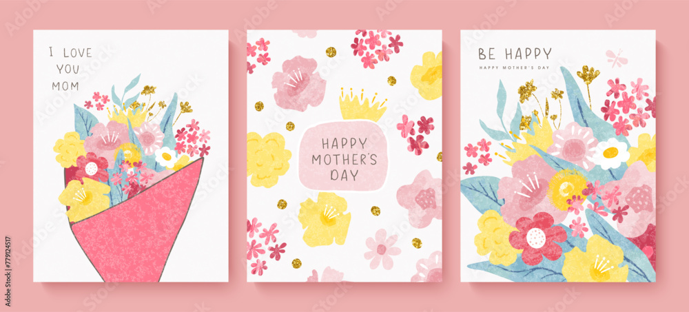 Naklejka premium Happy mothers day cards with beautiful watercolor flowers. Grainy texture,hand drawn plants. Floral greeting cards. Vector illustration