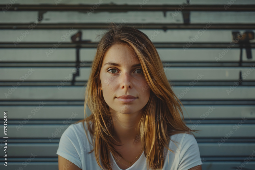 Fototapeta premium A woman in a white shirt is looking at the camera