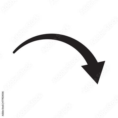Sharp curved arrow icon. Black rounded arrow. Direction pointer pointing down