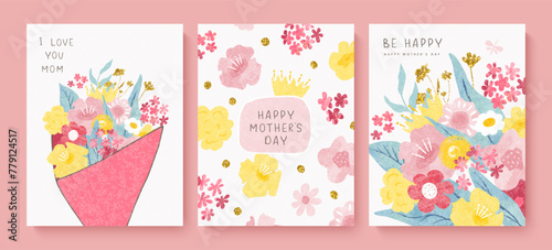 Happy mothers day cards with beautiful watercolor flowers. Grainy texture,hand drawn plants. Floral greeting cards. Vector illustration