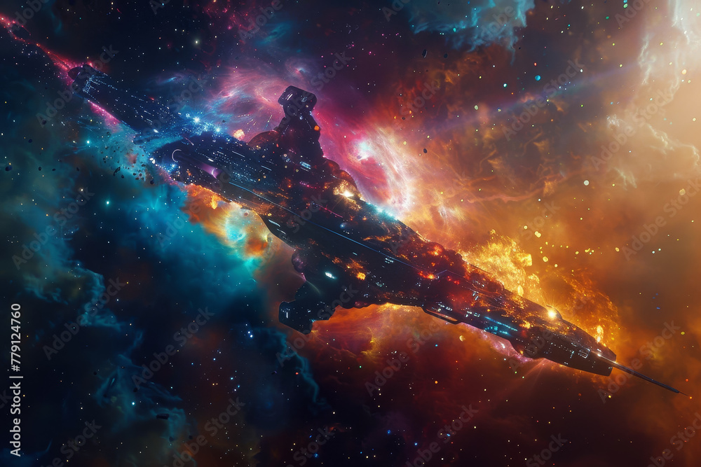 A colorful space ship is flying through a colorful space