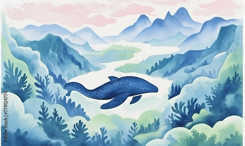 Blue whale and mountains. Watercolor art background