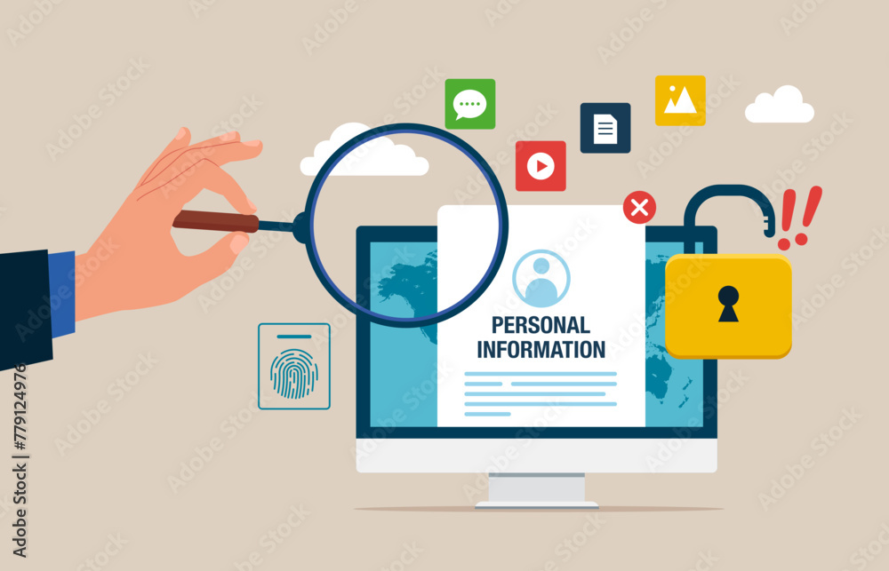 Computer screen with Blocked Account on Screen. Hand holds a magnifying glass for holding search. Hacking and exploit results. Flat vector Illustration. Computer screen with Blocked Account on Screen. Hand holds a magnifying glass for holding search. Hacking and exploit results. Flat vector Illustration.