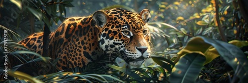 Jaguar in amazon rainforest photorealistic image with detailed texture of majestic feline prowling