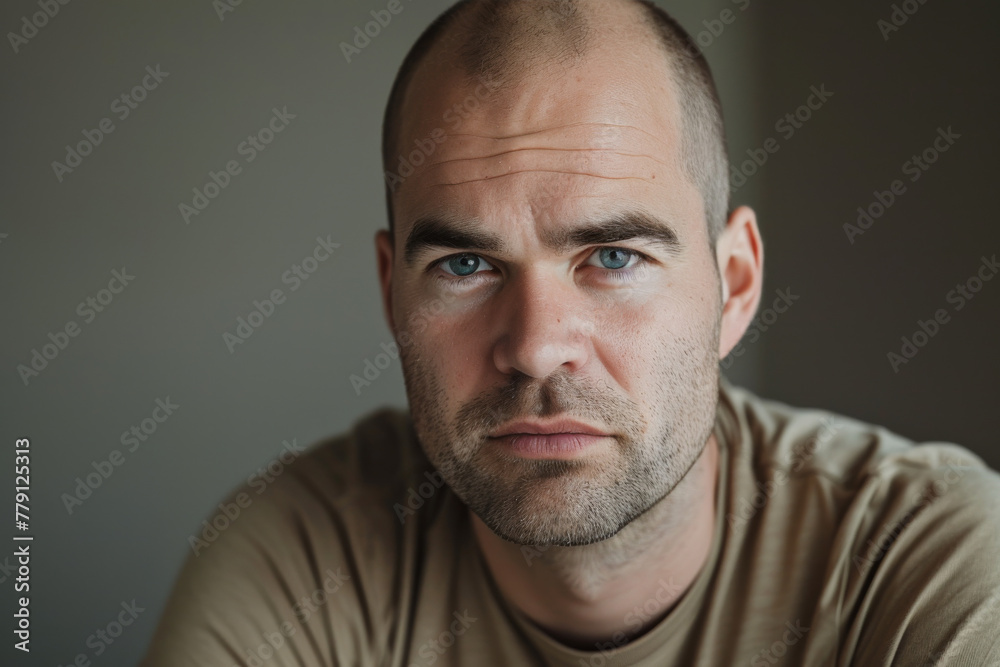 A bald man with a beard and blue eyes looks at the camera A bald man with a beard and blue eyes looks at the camera