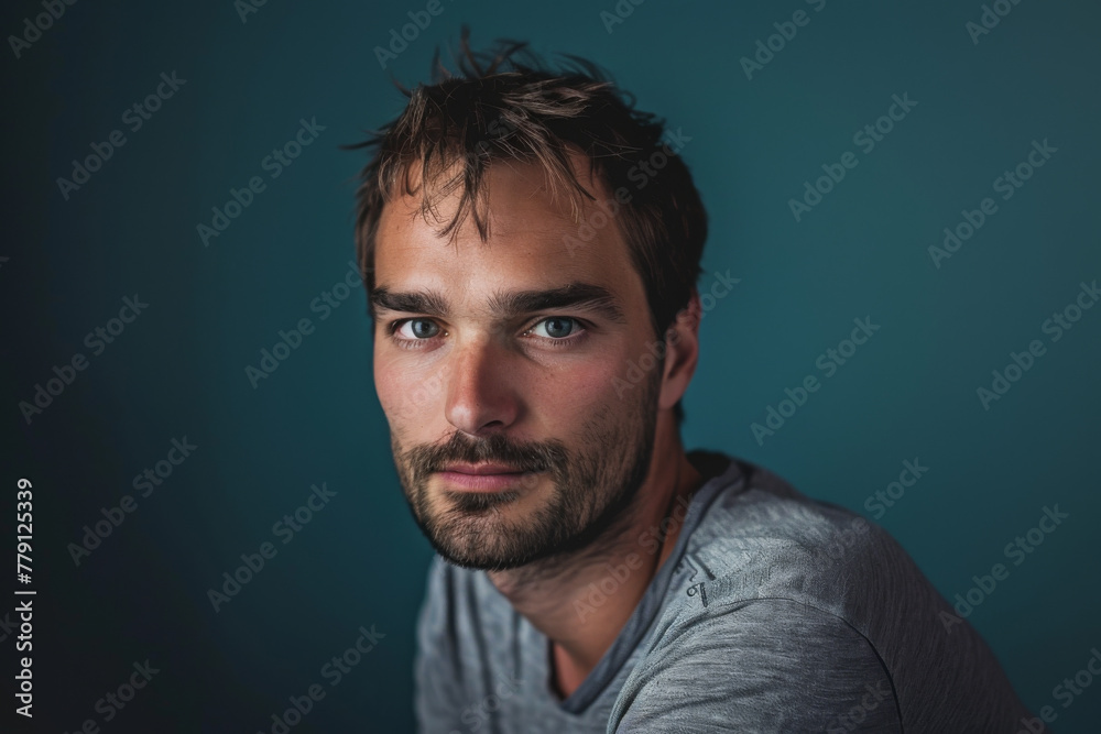 A man with a beard is wearing a grey shirt A man with a beard is wearing a grey shirt