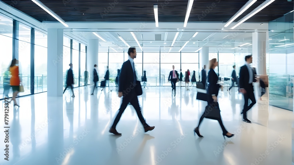 Bright Business Workplace with People Walking in Blurred Motion in Modern Office Space - Dynamic Office Environment | Corporate, Busy, Teamwork, Collaboration, Contemporary