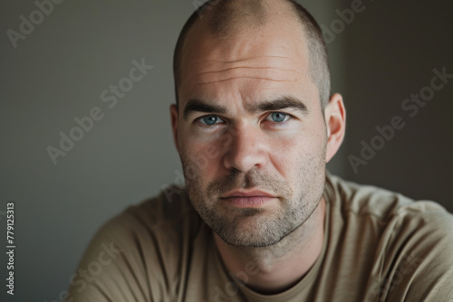 A bald man with a beard and blue eyes looks at the camera