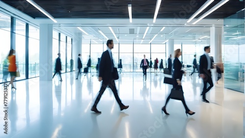 Bright Business Workplace with People Walking in Blurred Motion in Modern Office Space - Dynamic Office Environment   Corporate, Busy, Teamwork, Collaboration, Contemporary © Mustapha.studios