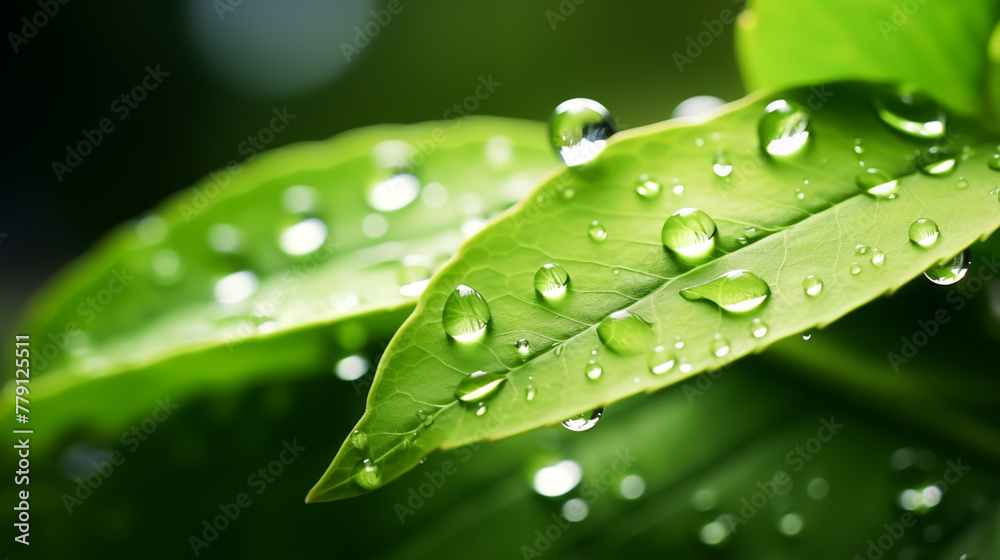Close up green leaves with water drops, Green leaf with drops of water Close up green leaves with water drops, Green leaf with drops of water