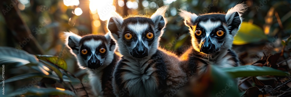 Naklejka premium Curious lemur family in madagascar rainforest, expressive faces, striped tails, epic wide angle shot