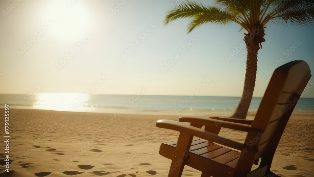 Palm trees and wooden sun lounger on the sandy beach in front of ocean or sea. Beautiful sunset with view over sea.