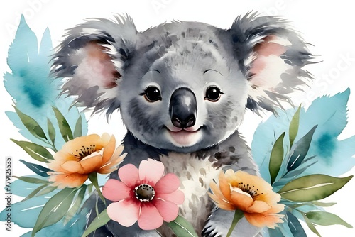 Watercolor painting of a  Koala surrounded by flowers and water