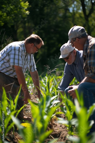 Farmers consulting with agricultural experts, seeking guidance on topics such as crop rotation, soil health, pest management, and sustainable farming practices