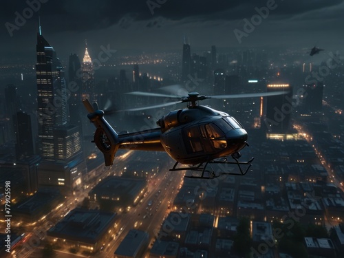 A sweeping aerial perspective captures a sleek helicopter ascending from the depths of a nocturnal metropolis, reminiscent of the atmospheric styles In the backdrop, a total solar eclipse photo