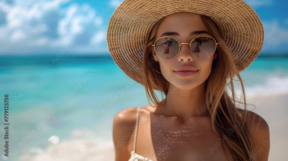 Portrait of a woman in a straw hat and sunglasses on the shore of a sunny tropical beach