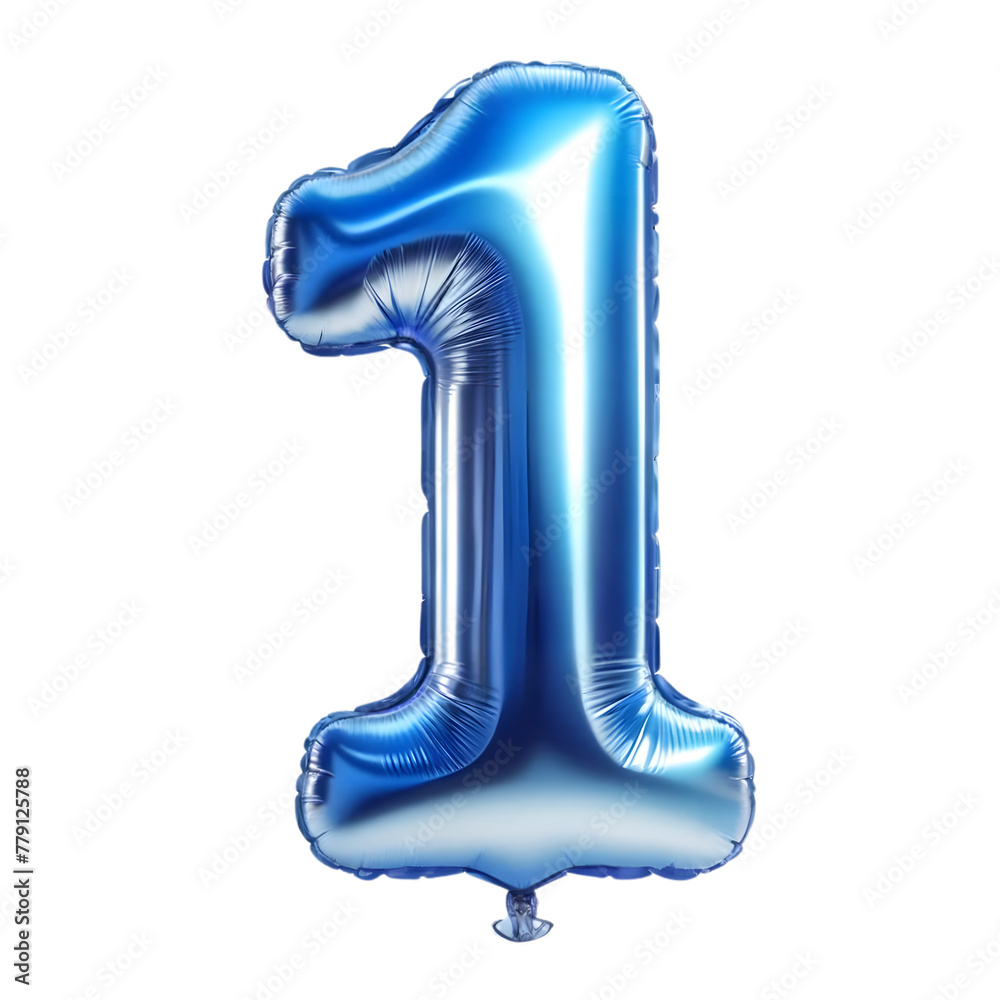 A shiny blue number 1 balloon with a metallic finish. The balloon is reflections that suggest a light source is nearby A shiny blue number 1 balloon with a metallic finish. The balloon is reflections that suggest a light source is nearby