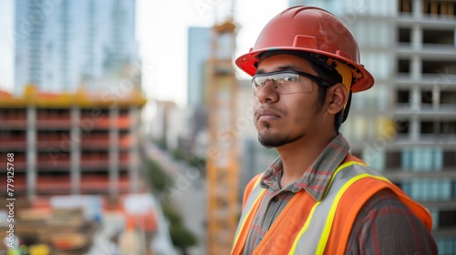 A Hispanic male construction worker in protective gear with a hard hat and safety glasses