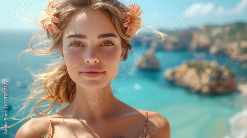 Portrait of a beautiful woman with a flower in her hair on the shore of a sunny tropical beach