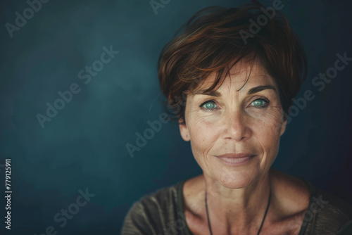 A woman with short hair and green eyes looks at the camera