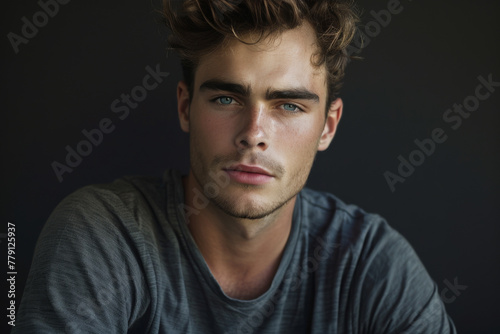 A man with blue eyes and a beard is wearing a grey shirt
