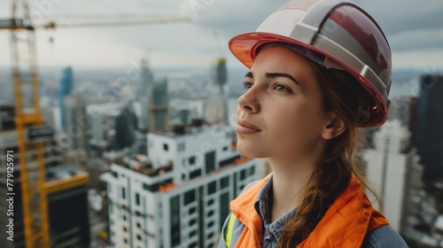 Female worker in construction gear with hard hat and safety vest