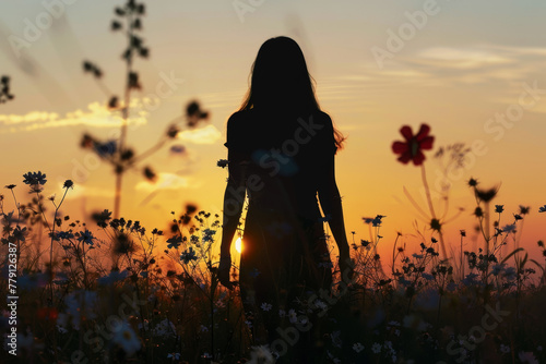 A woman is standing in a field of flowers with the sun shining on her