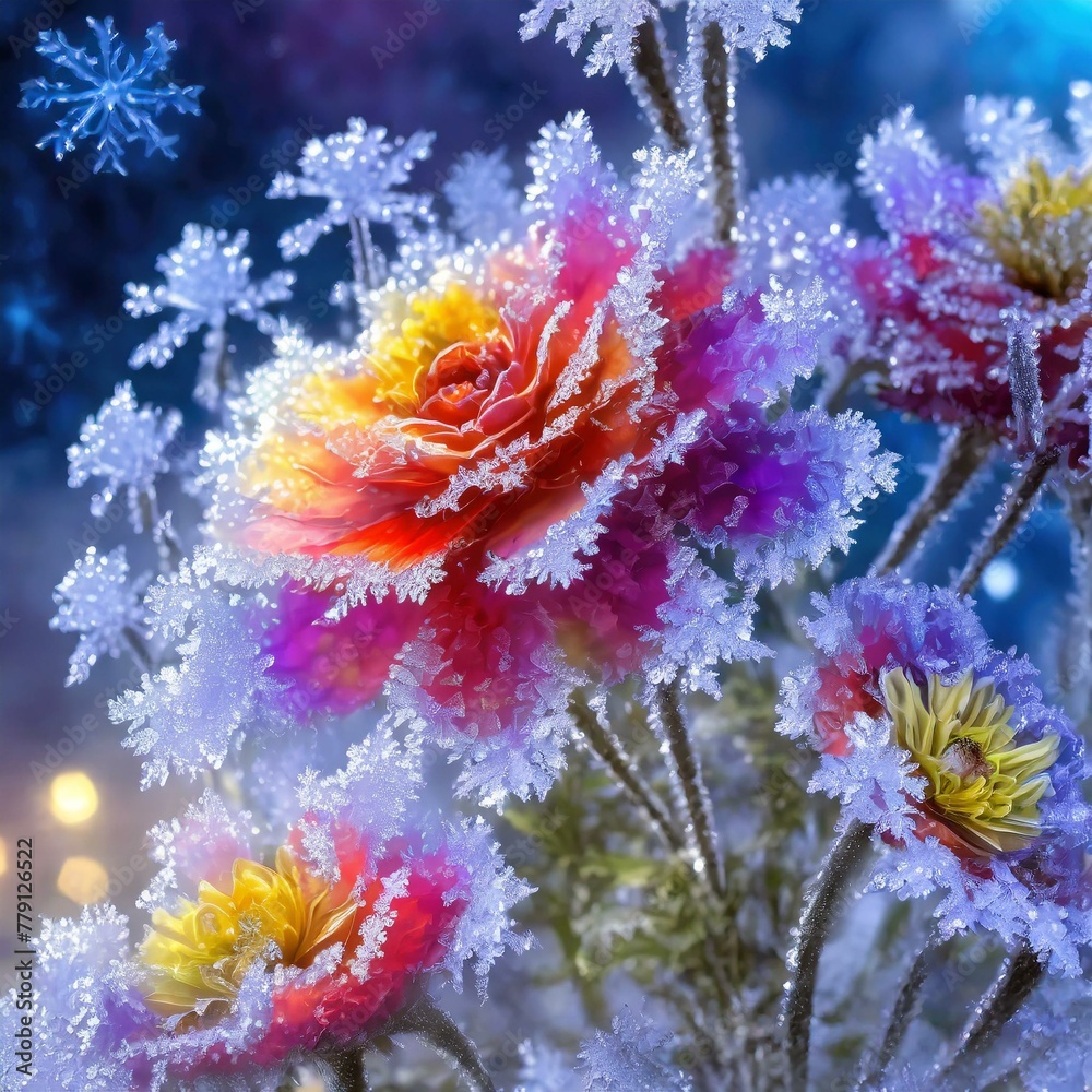 The cold air freezes the flowers, covering them with ice crystals and emitting a fantastic glow. The cold air freezes the flowers, covering them with ice crystals and emitting a fantastic glow.