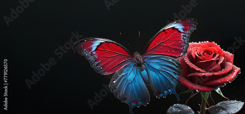 red rose in dew drops and and tropical morpho butterfly on black. copy space