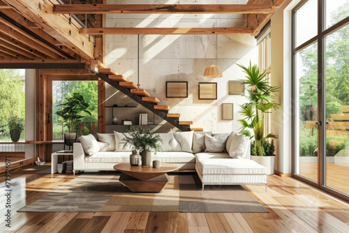 Living room with wooden staircase  large windows  and contemporary furnishings. Interior of modern apartment