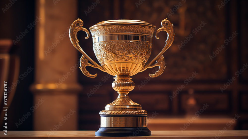 Gold championship trophy as a background for the victorious individual Gold championship trophy as a background for the victorious individual