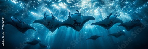Elegant manta rays in detailed photorealistic low angle shot capturing graceful underwater movements