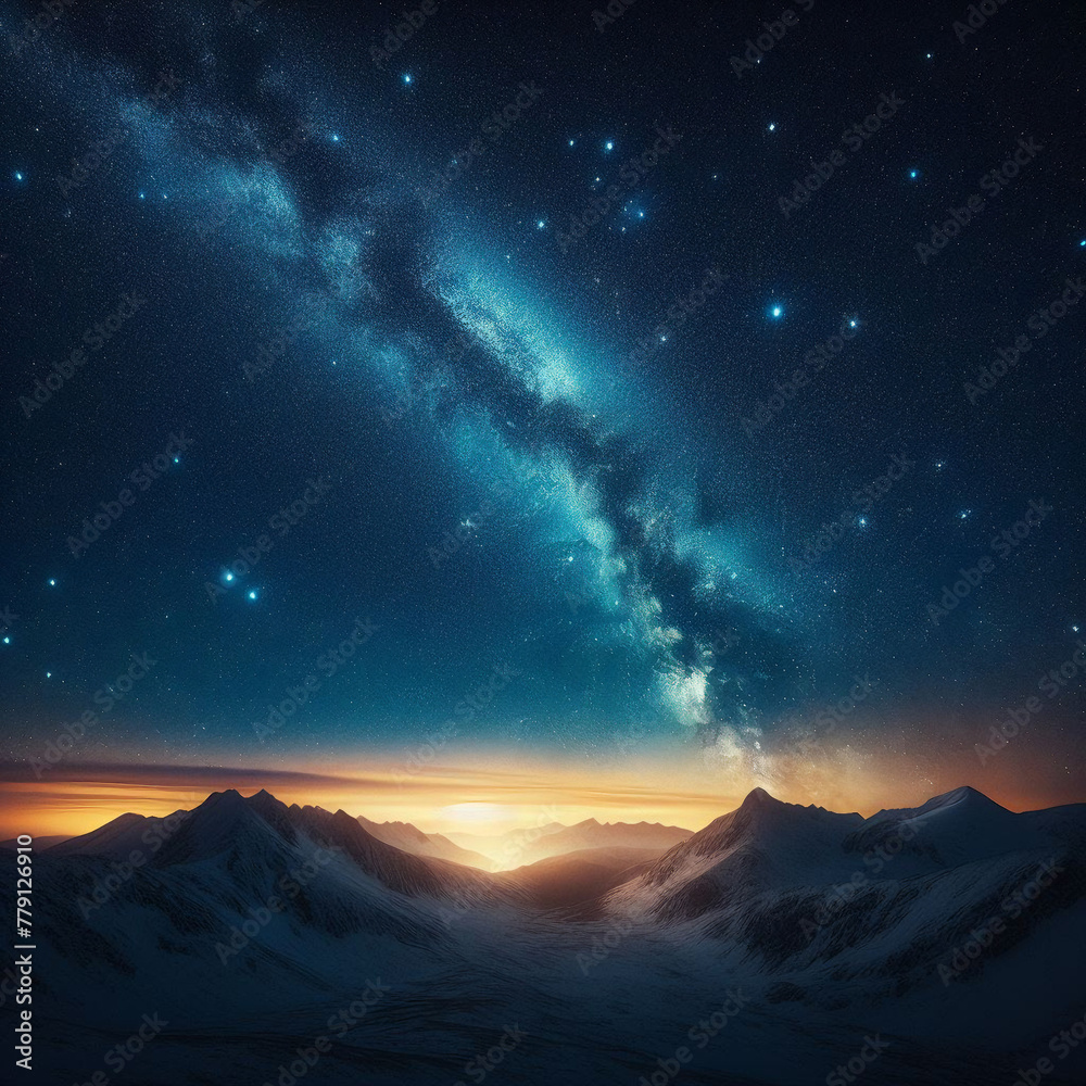The Milky Way over snow-capped mountains, at night