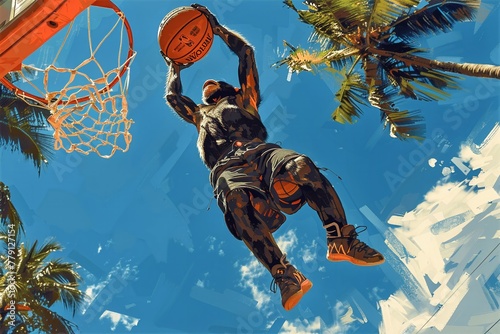 A basketball player is dunking the ball with palm trees in the background.