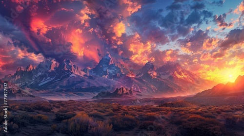 A scene of a sunset in the desert with mountains and vibrant, colorful clouds.