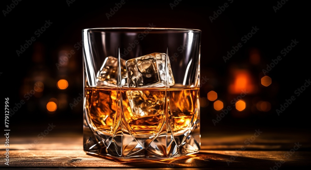 A glass of whiskey with ice stands on an old wooden table
