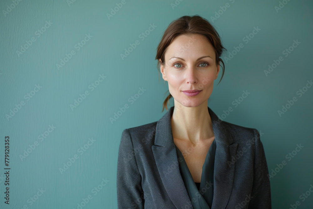 A woman in a suit stands in front of a blue wall A woman in a suit stands in front of a blue wall