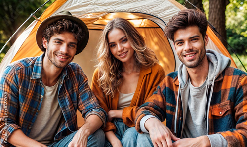 Cheerful young friends sitting in camping tent and looking at camera 
