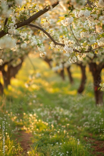Lush orchards filled with blossoming fruit trees